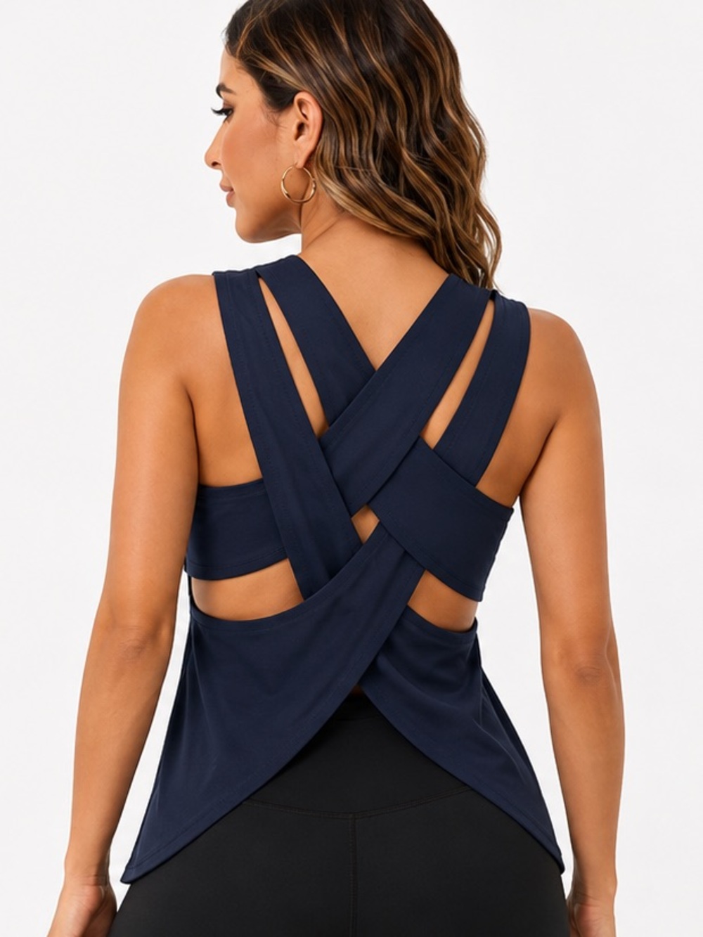Navy Blue Cross Back Athletic Tank Top | Open Back